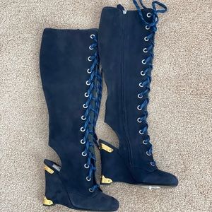 Prada Blue Suede Lace Up Boots